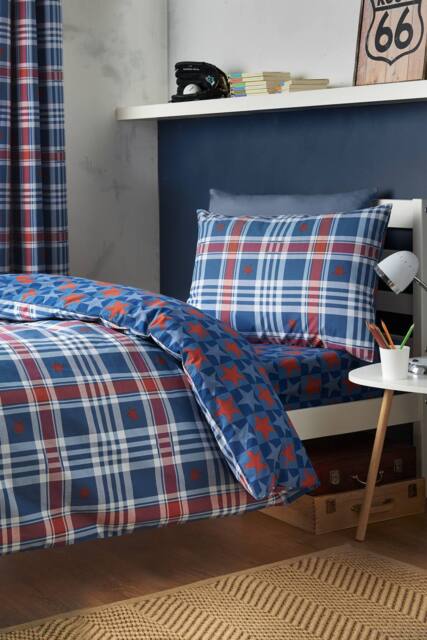 Catherine Lansfield 'Stars & Check' Reversible Duvet Cover Set in Blue - Size: Double - image 1