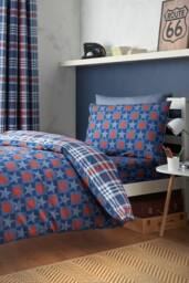 Catherine Lansfield 'Stars & Check' Reversible Duvet Cover Set in Blue - Size: Double - thumbnail 2