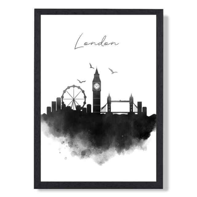 ARTZE London Watercolour Skyline City Framed Print SIZE: A2 with Black Frame - Size: A4 - image 1