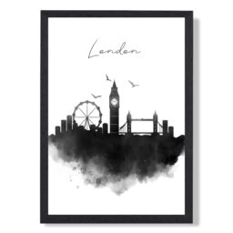 ARTZE London Watercolour Skyline City Framed Print SIZE: A2 with Black Frame - Size: A4 - thumbnail 1