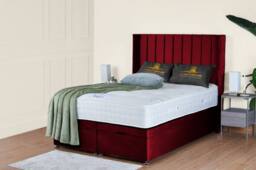 UK Bed Furniture Victoria End Lift Divan Ottoman Bed with 54 Inch Headboard in Maroon - Size: Double
