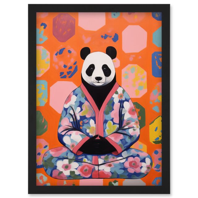 Artery8 Wall Art Print Meditating Panda Meditation Yogi in Floral Kimono Conceptual Art Vibrant Bold Colourful Acrylic Painting Artwork Framed A4 - image 1