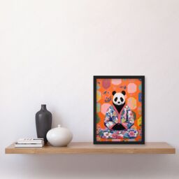 Artery8 Wall Art Print Meditating Panda Meditation Yogi in Floral Kimono Conceptual Art Vibrant Bold Colourful Acrylic Painting Artwork Framed A4 - thumbnail 2