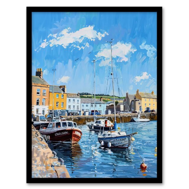 "Artery8 St Andrews Harbour Boats Seaside Town Painting Framed Art Print in Blue - Size: W12"" x H16""" - image 1