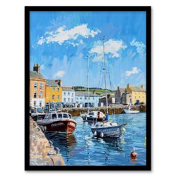 "Artery8 St Andrews Harbour Boats Seaside Town Painting Framed Art Print in Blue - Size: W12"" x H16""" - thumbnail 1