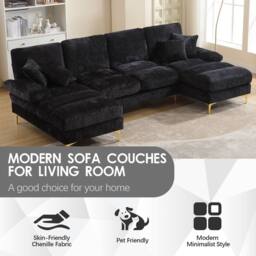 Direct Wicker Sectional Couches, Modular U- Shaped Sofa with Double Chaise in Black - Size: 1 Pack - thumbnail 4