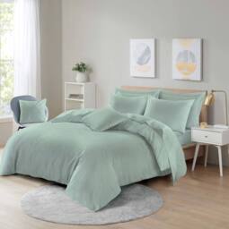 Homes-Linen Plain Dyed Polycotton Duvet Cover Set with Pillowcases in Duck Egg Blue - Size: Single - thumbnail 1