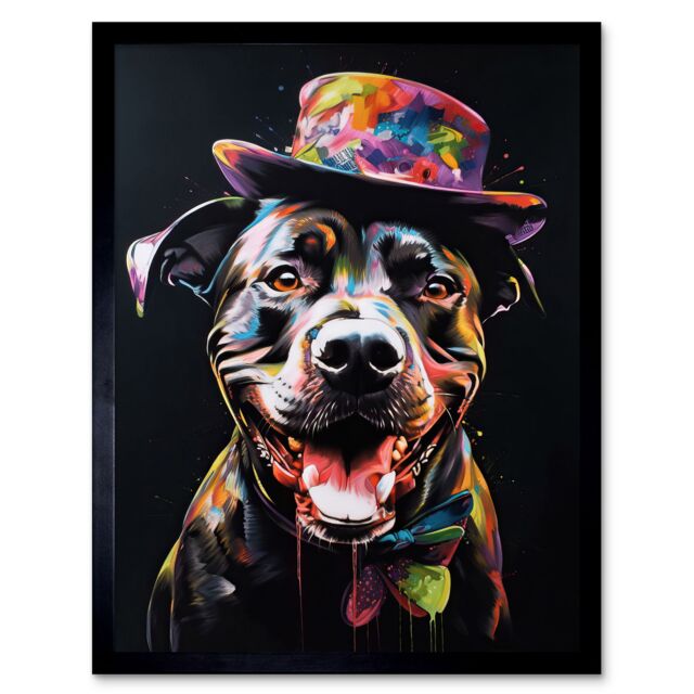"Artery8 Wall Art Print Rottweiler in Bow Tie & Multicoloured Top Hat Art Framed in Black - Size: W12"" x H16""" - image 1