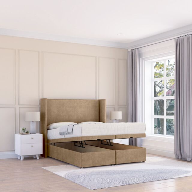Sloomy Devonshire Naples Fabric Ottoman Bed End Opening With Sprung Memory Mattress & 54 Inch Floorstanding Headboard With Wings - Size: Small Single - image 1