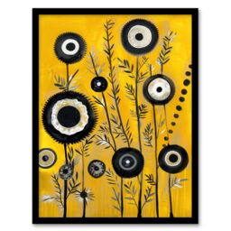 Artery8 Black Yellow Abstract Geometric Wildflowers Framed Art Print - Size: A4 - thumbnail 1