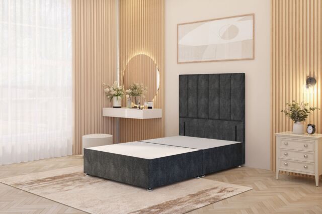 "Somnior Austin Divan Bed Base & 54"" Floor Standing Headboard Tweed Fabric in Charcoal - Size: Double" - image 1