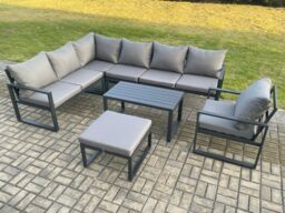 Fimous Aluminium Garden Furniture Set Outdoor Indoor Lounge Corner Sofa Chair Oblong Coffee Table Sets with Big Footstool Dark Grey - thumbnail 1