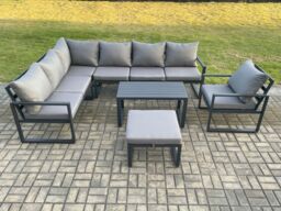 Fimous Aluminium Garden Furniture Set Outdoor Indoor Lounge Corner Sofa Chair Oblong Coffee Table Sets with Big Footstool Dark Grey - thumbnail 2