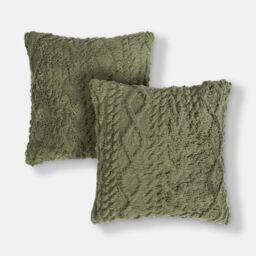 OHS 2 Pack Soft Cosy Cable Knit Design Decorative Square Cushion Covers in Green - Size: 45 cm x 45 cm