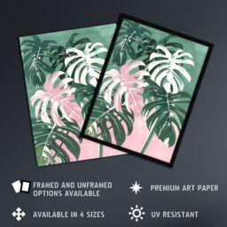 "Artery8 Plant Lover Monstera Leaves Green Pink Botanical Wall Art Print - Size: W12"" x H16""" - thumbnail 2