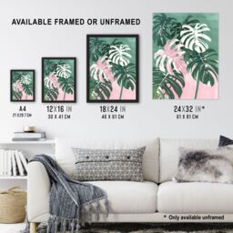 "Artery8 Plant Lover Monstera Leaves Green Pink Botanical Wall Art Print - Size: W12"" x H16""" - thumbnail 3