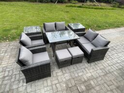 Fimous Garden Furniture Sets 9 Pieces Wicker Rattan Furniture Manual Wicker Patio Sofa Patio Conversation Set in Dark Grey - thumbnail 2