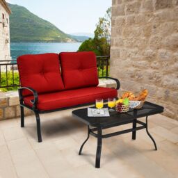 Costway 2PCS Outdoor Conversation Set Patio Loveseat Bench in Red - thumbnail 1