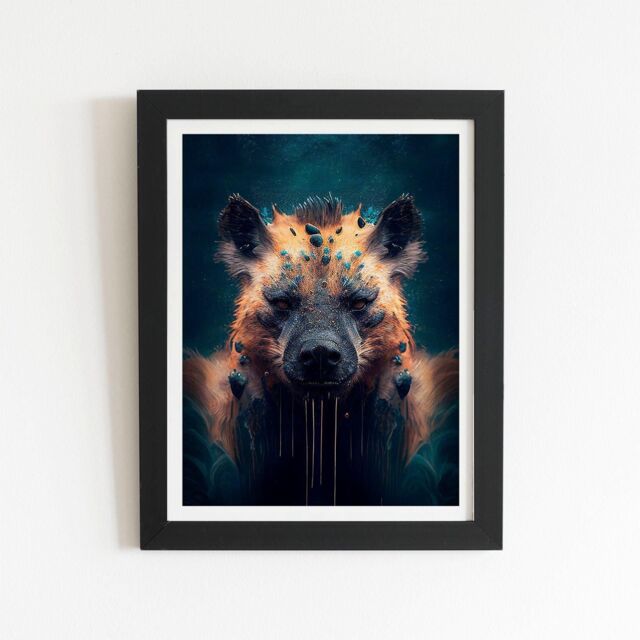 "Warren Reed - Designer Hyena Face Splashart Dark Background Framed Art Print in Black - Size: W12"" x H16""" - image 1