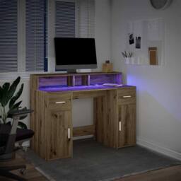 Berkfield Home Desk with LED Lights Artisian Oak 120x55x91 cm Engineered Wood in Brown - Size: 120 x 55 x 91 cm - thumbnail 3