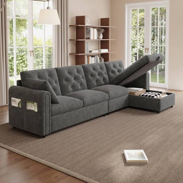 Merax Velvet L-Shaped Corner Sofa Bed Frame with Reversible Storage Chaise in Grey - image 1