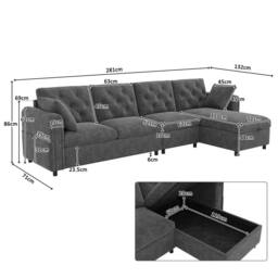 Merax Velvet L-Shaped Corner Sofa Bed Frame with Reversible Storage Chaise in Grey - thumbnail 2
