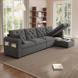 Merax Velvet L-Shaped Corner Sofa Bed Frame with Reversible Storage Chaise in Grey