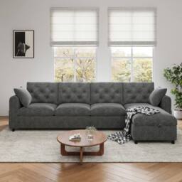 Merax Velvet L-Shaped Corner Sofa Bed Frame with Reversible Storage Chaise in Grey - thumbnail 4