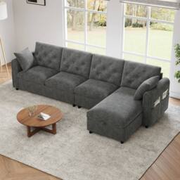 Merax Velvet L-Shaped Corner Sofa Bed Frame with Reversible Storage Chaise in Grey - thumbnail 5