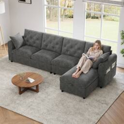 Merax Velvet L-Shaped Corner Sofa Bed Frame with Reversible Storage Chaise in Grey - thumbnail 3