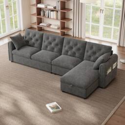 Merax Velvet L-Shaped Corner Sofa Bed Frame with Reversible Storage Chaise in Grey - thumbnail 8