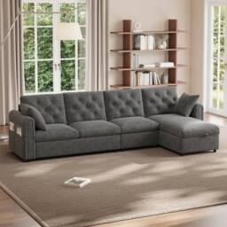 Merax Velvet L-Shaped Corner Sofa Bed Frame with Reversible Storage Chaise in Grey - thumbnail 9