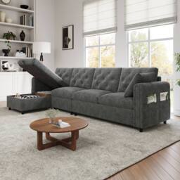 Merax Velvet L-Shaped Corner Sofa Bed Frame with Reversible Storage Chaise in Grey - thumbnail 6