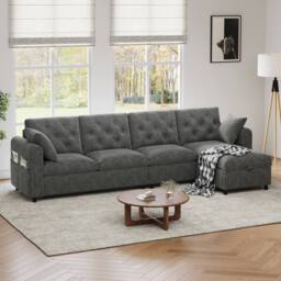 Merax Velvet L-Shaped Corner Sofa Bed Frame with Reversible Storage Chaise in Grey - thumbnail 7