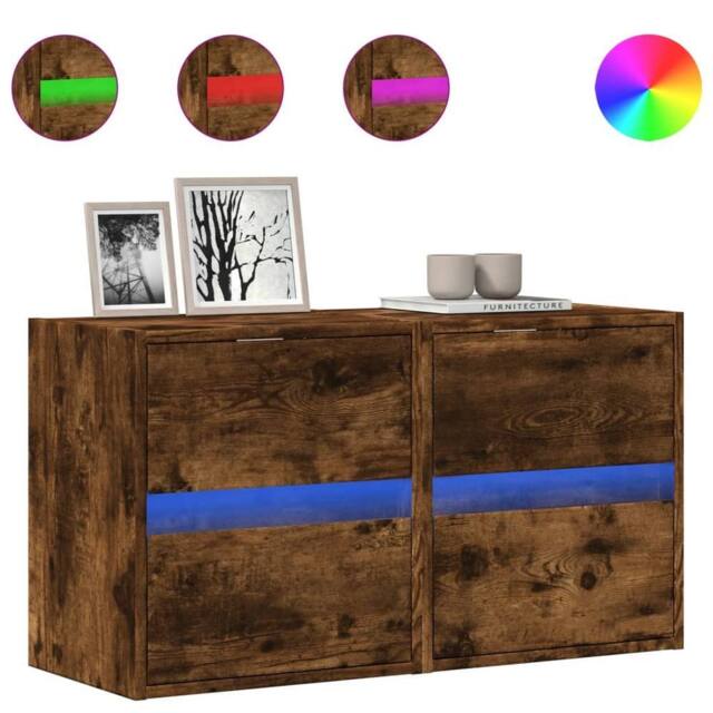 Berkfield Home TV Wall Cabinets with LED Lights 2 pcs Smoked Oak 41x31x45 cm in Brown - Size: 41 x 31 x 45 cm - image 1