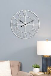 Living and Home 40cm Dia Round White Roman Numeral Skeleton Wall Clock with Black Needle - thumbnail 1