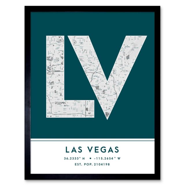 "Wee Blue Coo Wall Art Print Las Vegas Nevada United States City Map Modern Typography Stylish Letter Framed Word in Teal - Size: W12"" x H16""" - image 1