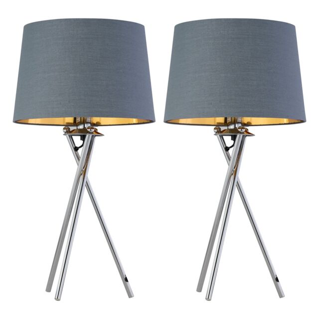 First Choice Lighting Set of 2 Tripod - Chrome Lamps with Grey & Gold Fabric Shade in Silver - image 1