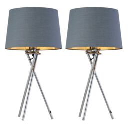 First Choice Lighting Set of 2 Tripod - Chrome Lamps with Grey & Gold Fabric Shade in Silver