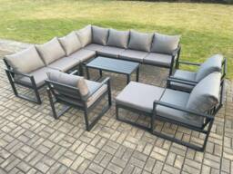 Fimous Aluminium Patio Outdoor Garden Furniture Lounge Corner Sofa Set with Oblong Coffee Table Big Footstool 3 Chair Dark Grey - thumbnail 1