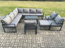 Fimous Aluminium Patio Outdoor Garden Furniture Lounge Corner Sofa Set with Oblong Coffee Table Big Footstool 3 Chair Dark Grey - thumbnail 2