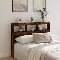 Berkfield Home Headboard Cabinet with LED Smoked Oak 140x17x102 cm in Brown - Size: 140 x 17 x 102 cm - thumbnail 1