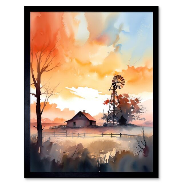 Artery8 Wall Art Print Sunrise Clouds over Countryside Farmhouse Cabin with Old Windmill Tower Modern Watercolour Painting Art Framed - image 1