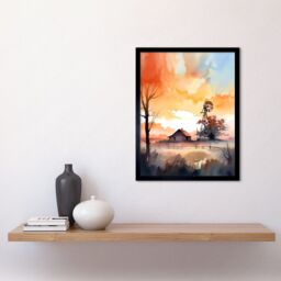 Artery8 Wall Art Print Sunrise Clouds over Countryside Farmhouse Cabin with Old Windmill Tower Modern Watercolour Painting Art Framed - thumbnail 2