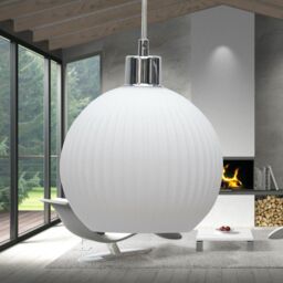 First Choice Lighting Betchley - White Ribbed Glass Globe with Chrome Pendant Fitting - thumbnail 4