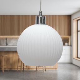 First Choice Lighting Betchley - White Ribbed Glass Globe with Chrome Pendant Fitting - thumbnail 3