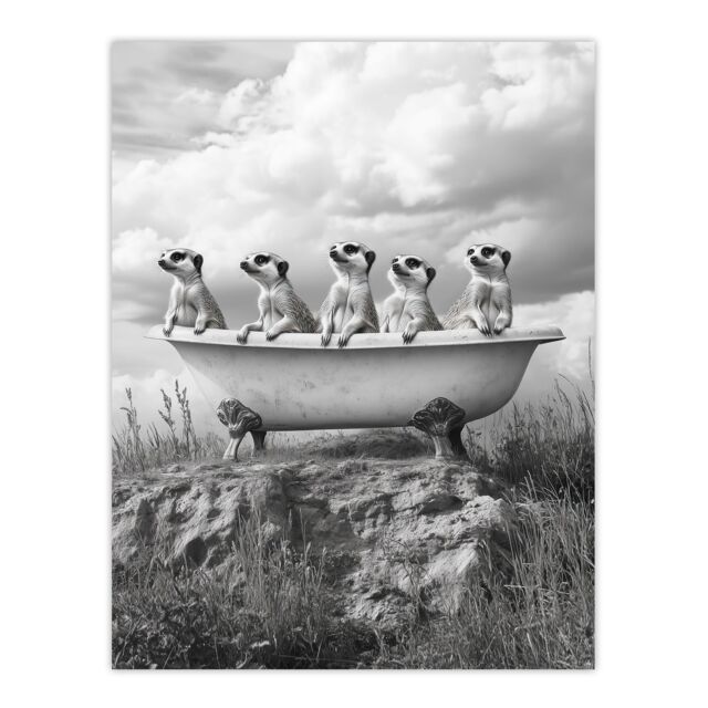 "Artery8 Meerkats in a Bathtub in Desert Black White Photo Wall Art Print in Grey - Size: W12"" x H16""" - image 1