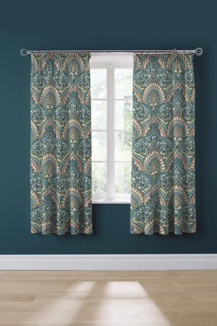 Dreams & Drapes 'Palais' Lined Pair of Pencil Pleat Curtains With Tie-Backs in Teal - Size: 167 cm width x 183 cm drop - image 1