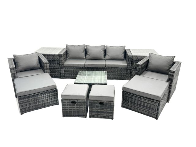 Fimous 9 Seater Patio Lounge Sofa Set with 2 Side Tables 4 Footstool in Dark Grey - image 1