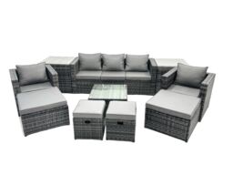 Fimous 9 Seater Patio Lounge Sofa Set with 2 Side Tables 4 Footstool in Dark Grey - thumbnail 1